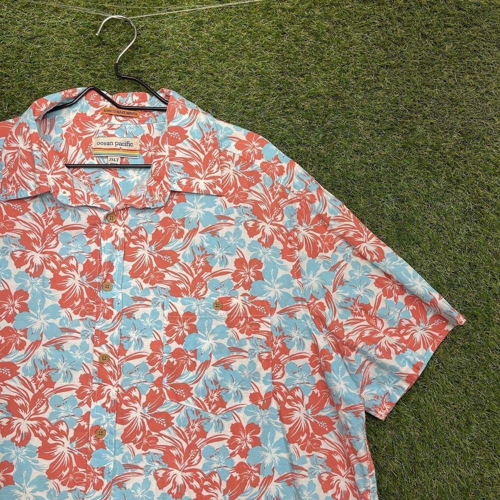 Vintage Ocean Pacific OP Camp Hawaiian Shirt Mens 2XL Beach Floral Blue Coral